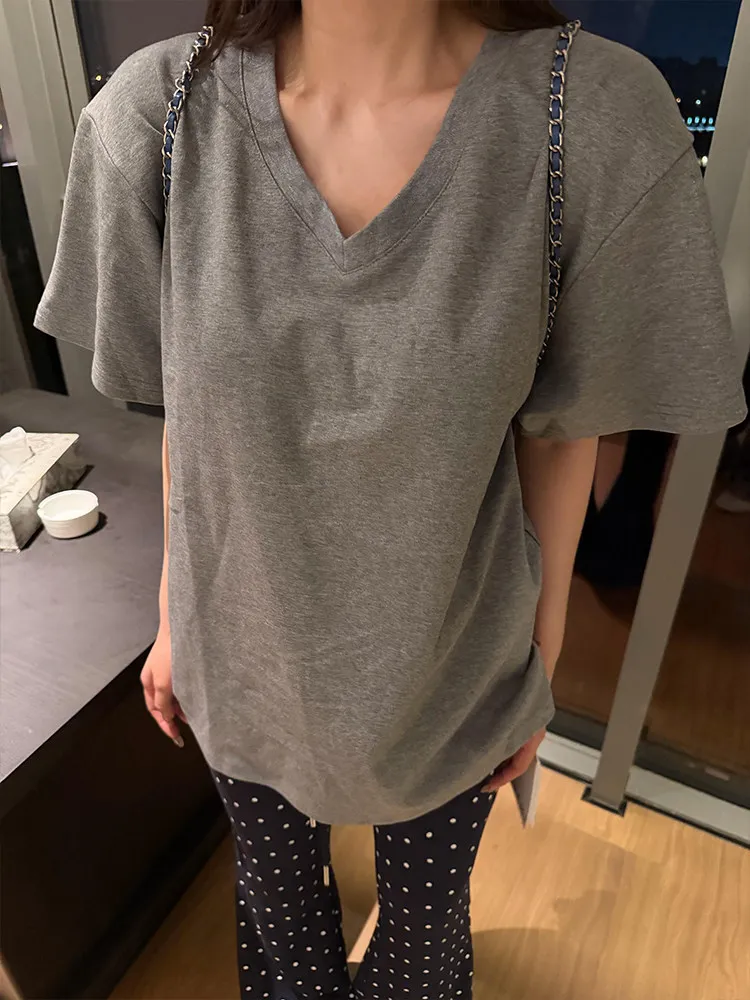 Loose Fit Grey Short Sleeve Cotton T-Shirt Women's Summer 2026 New Style Casual Loose Style V-Neck Pure Color Versatile Slimm...