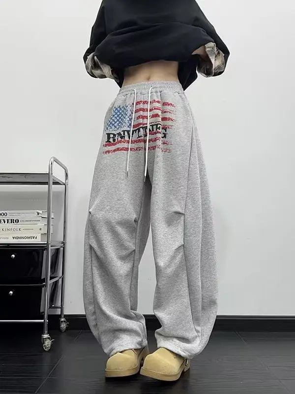 

Винтажные американские широкие брюки для мужчин и женщин, повседневный принт, свободный крой, дизайн, сенсационный изогнутый нож, смесь хлопка и полиэстера