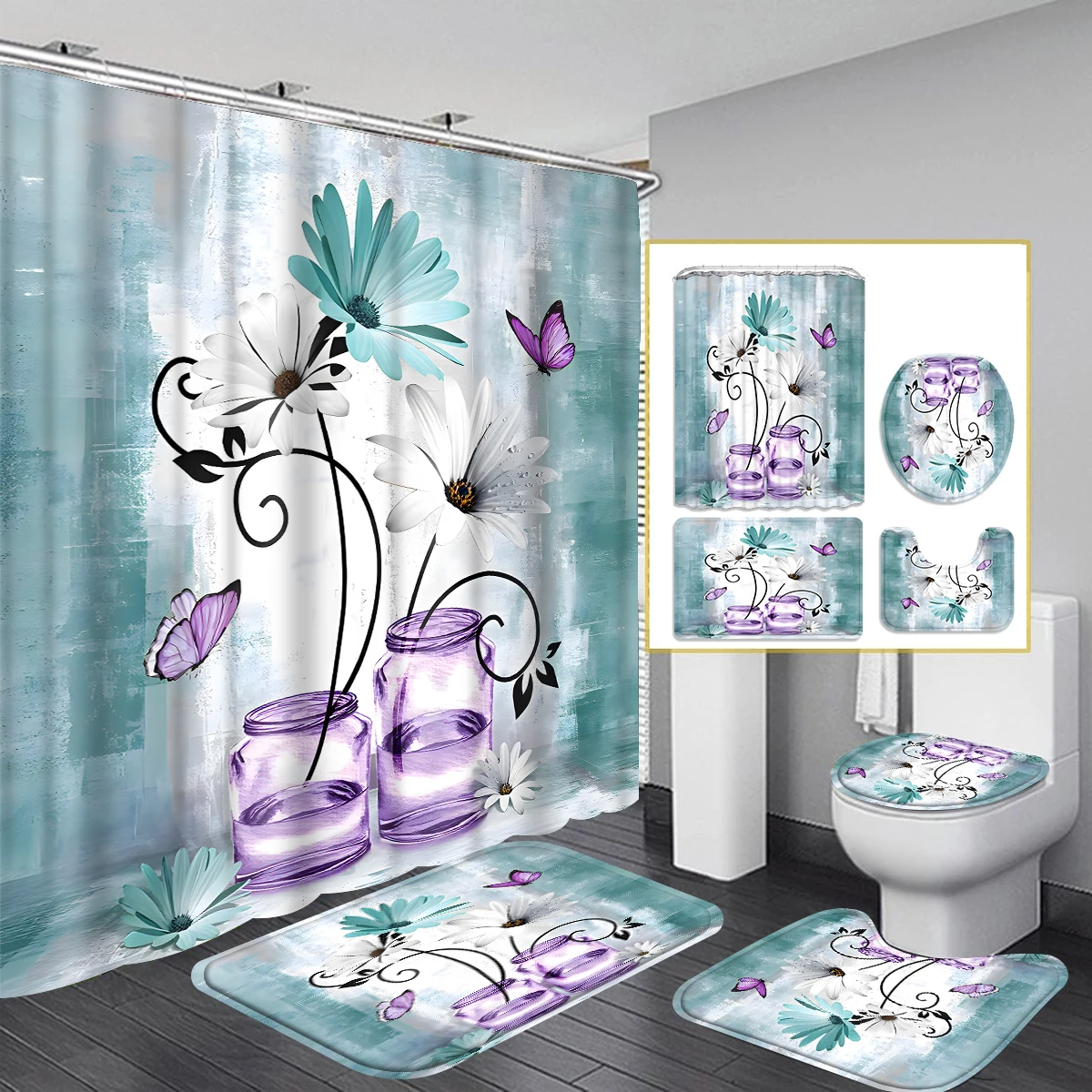 1/4 Piece Shower Curtain Set, Waterproof Bathroom Partition Curtain with Hooks, Anti-Slip Bath Rug, U Shape Mat, Toilet Seat Cov