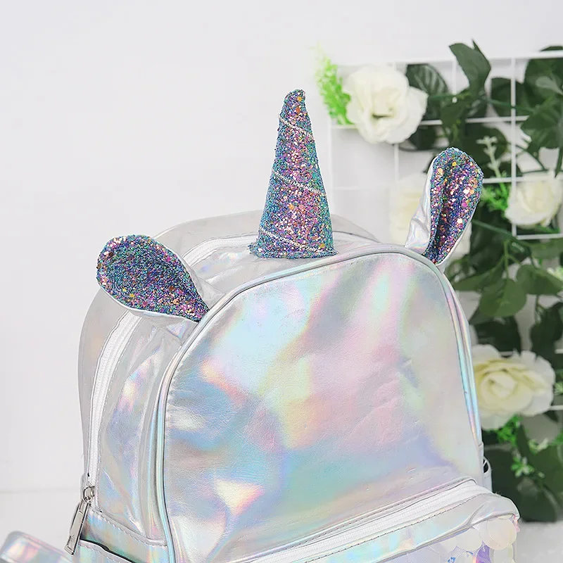 Girls and Boys Laser Unicorn Schoolbag For Women Silver Fashion Female Shiny Backpack Silver Waterproof Holographic Backpack