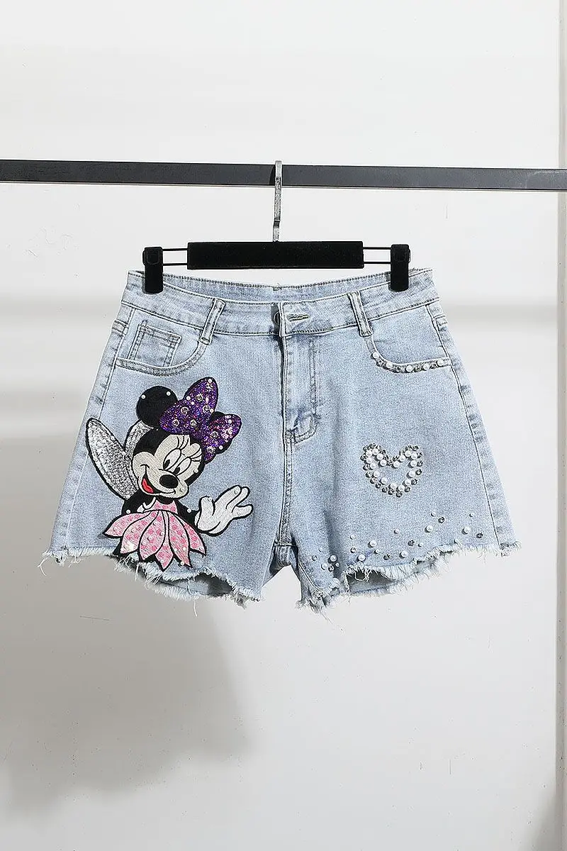 

2026 Summer New High Waist Thin Denim Shorts Fashion Heavy Industry Mickey Embroidered Elastic Straight Hot Pants Women's Tide