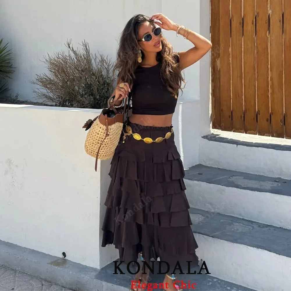 

KONDALA Lady Modern Layered Midi Skirts Women Casual High Street Tierred Skirt 2025 Spring Autumn Fashion Vintage Holiday Skirt