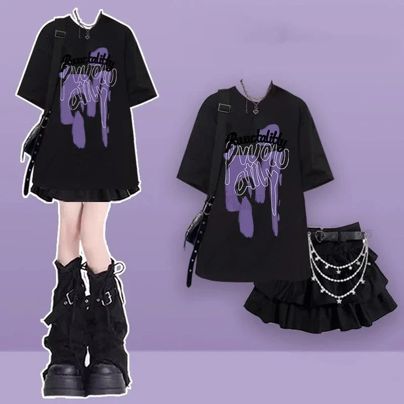 Women Spring Summer Plaid Shirts Short Sleeve T-Shirts Ball Gown 1 or Three Piece Set Lady Cool Punk Black Tops Mini Skirt Suits