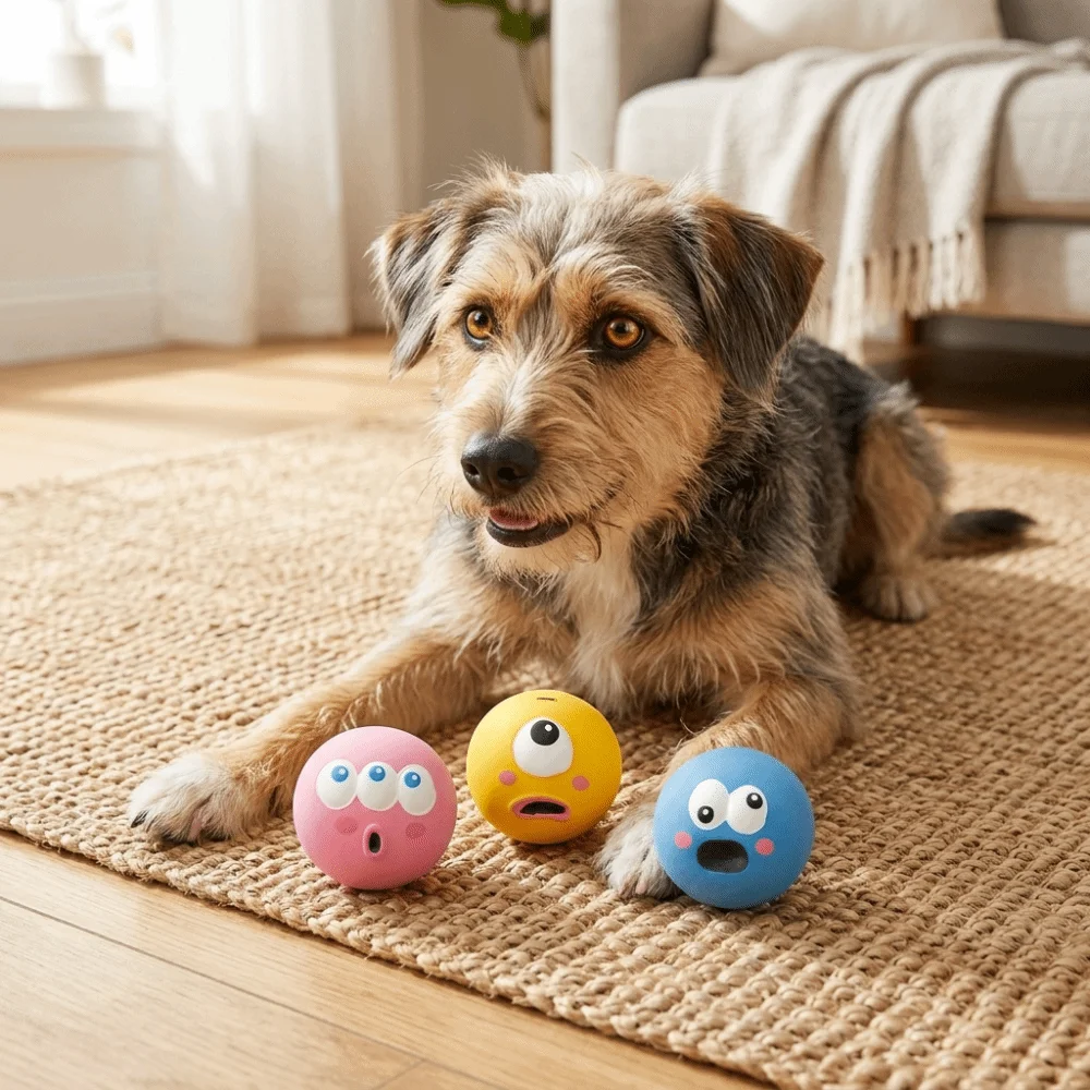 Eco Latex Squeaky Dog Toy Sport Ball Shape Soft Elastic Latex Chew Ball Cartoon Eyeball Bright Color Puppy Molar Toy