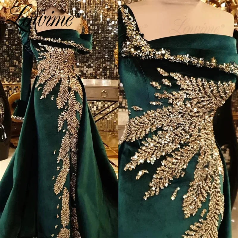 Robe de Soirée Vintage en Velours Vert, Tenue de Bal Sirène, Manches sulf, Paillettes Dorées, Perles de Clip, Arabe, Dubaï, Tout Personnalisé