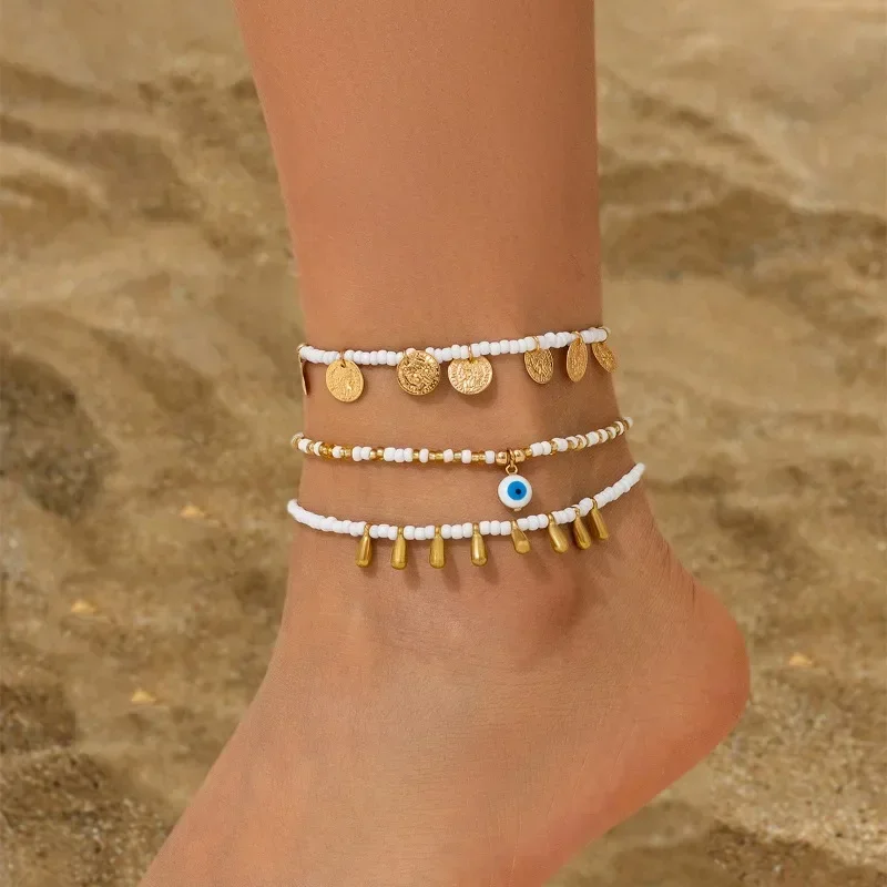 

Water Drop Coin Acrylic Anklet Starfish Eyes Conch Jewelry Female Casual Beach Round Piece Rice Bead Ankle Bracelet 3-piece Set