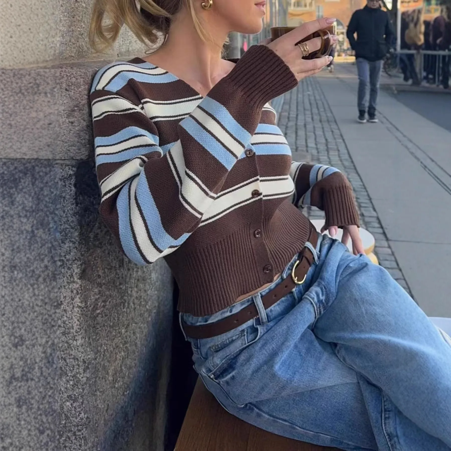 Female V-Neck Loose Patchwork Long Sleeve Sweatshirt Women's Cardigan 2026 Striped Knit Sweater Single Breasted Cardigan Coat