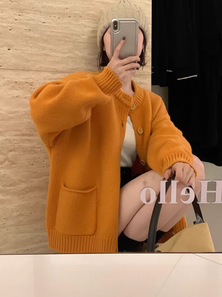 Korea Fashion Orange Sweater Jacket Women\'s Knitted Cardigan Autumn Loose Casual O Neck Solid Purple Warm Cardigans for Women