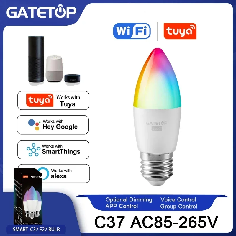 

Tuya Bulb C37 E27,Lámpara Led RGB con Control inteligente wifi,para Google Assisatnt Smart Life,AC85V-265V 6W,bombilla Dimmable