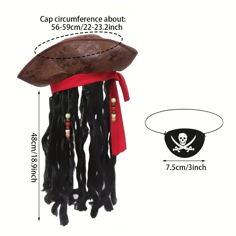 2-3pc Pirate Captain Costume Accessories Set Includes a unique red turban curly pirate hat skull eye patch and bead
