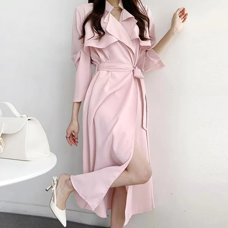 Fashion 2023 Korean Elegant Chic Ruffles Long Dress Women Spring Summer Long Sleeve Lace Up Bow Sashes Stylisk Woekwear Clothing