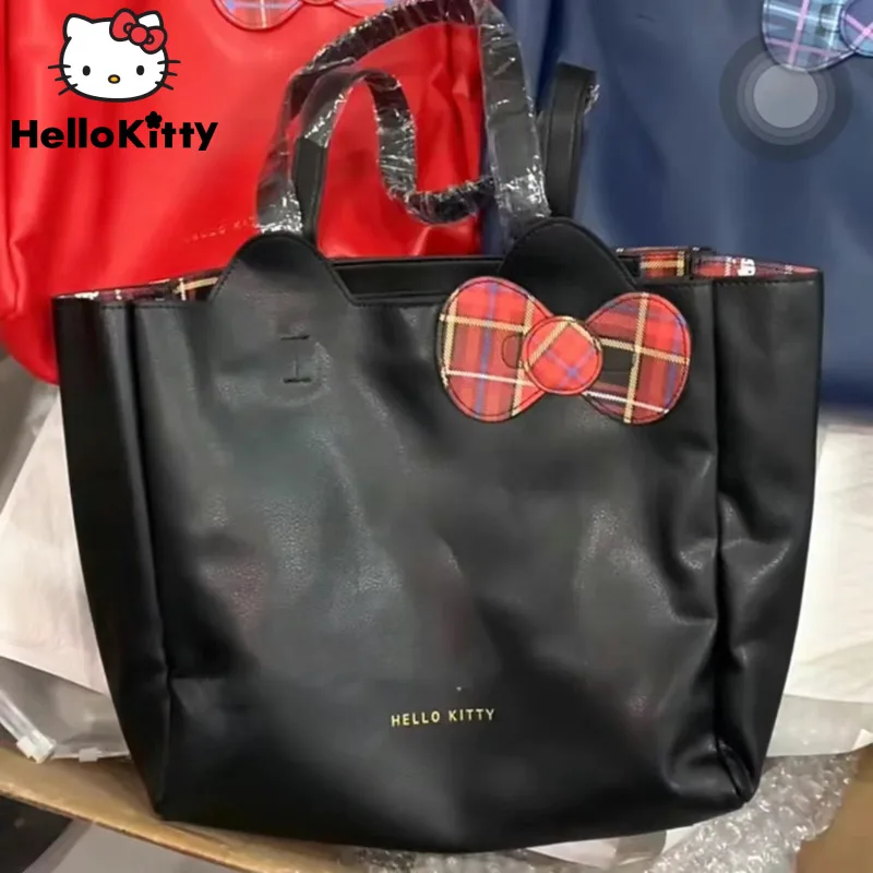 Sanrio Hello Kitty Plaid Bow Women Shoulder Bag Y2k Fashion New Large Capacity Handbag Korean Versatile Luxury Tote Bag Girl Bag