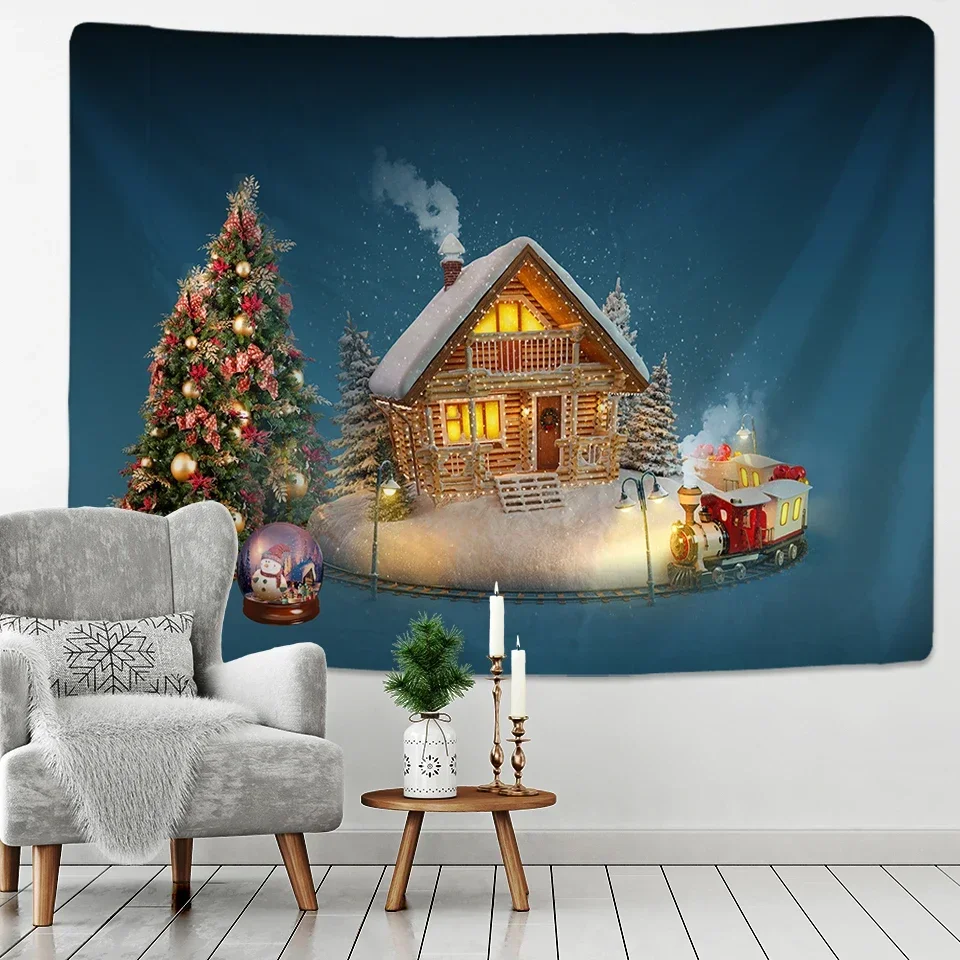 Noworoczna dekoracja świąteczna Snow House Nature Cat Tapestry Kawaii Decor Wall Hanging Psychedelic Hippie Estetyczny wystrój domu