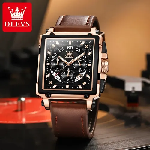 Imagen 2 del producto OLEVS 9919 reloj para hombre, esfera cuadrada a la moda, correa de cuero, cronógrafo, reloj deportivo resistente al agua, reloj de pulsera de cuarzo Original de lujo para hombre