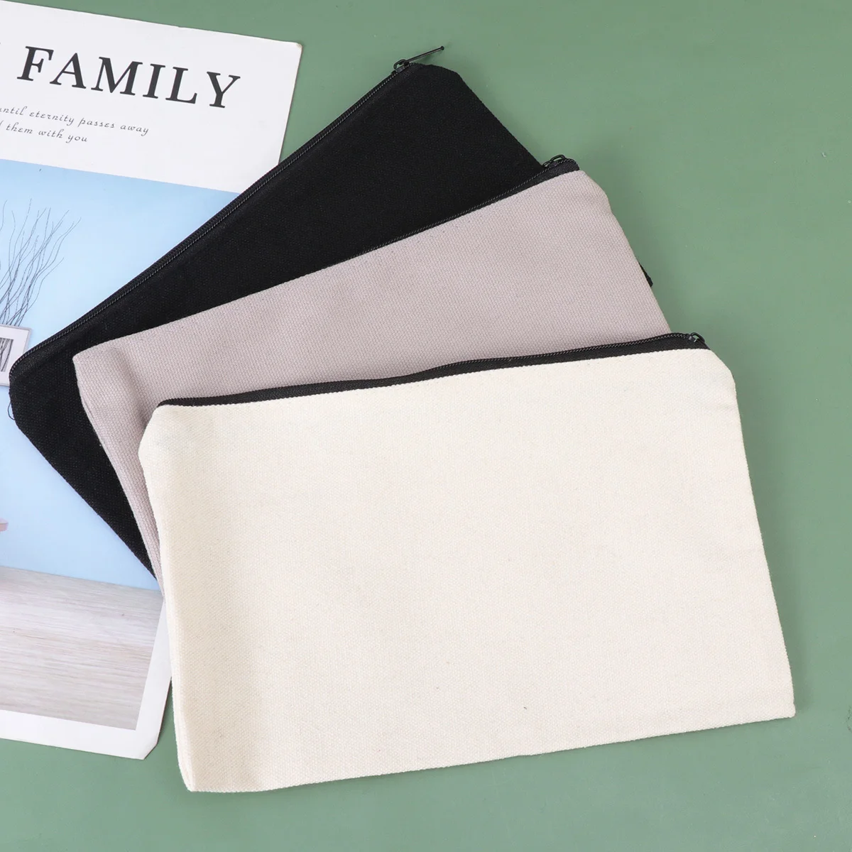 

12pcs Canvas Pouches Cosmetics Bag Makeup Cosmetics Bag Pencil Storage Multifunction Blank Pen Case Black Beige Grey