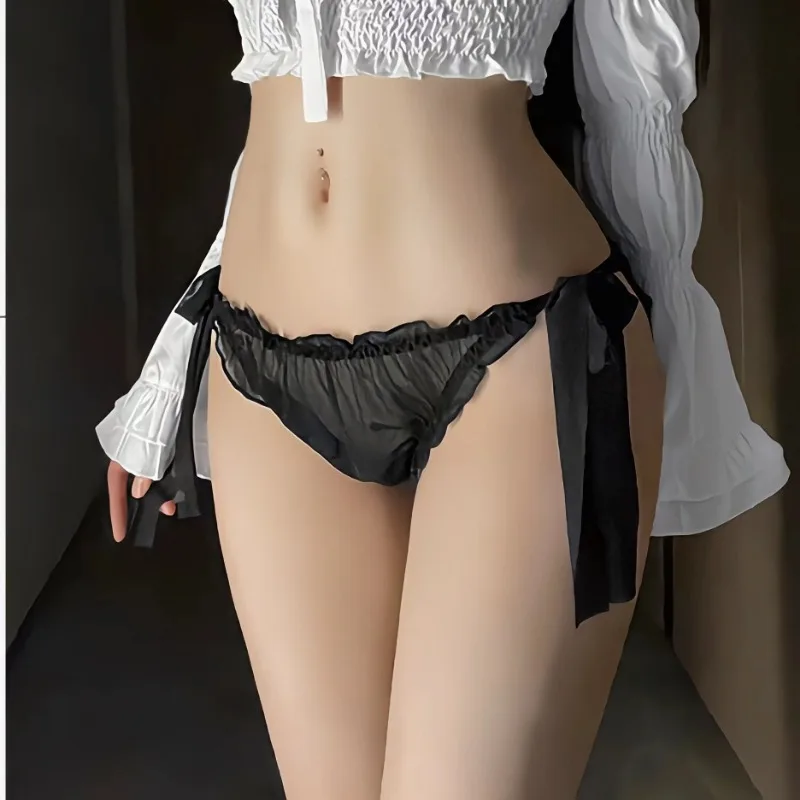 Sexy Oversized Lace Underwear Japanese Girls\' Bowknot Lace Up Adjustable Panties Cute White Mesh Yarn Lolita Perspective Briefs