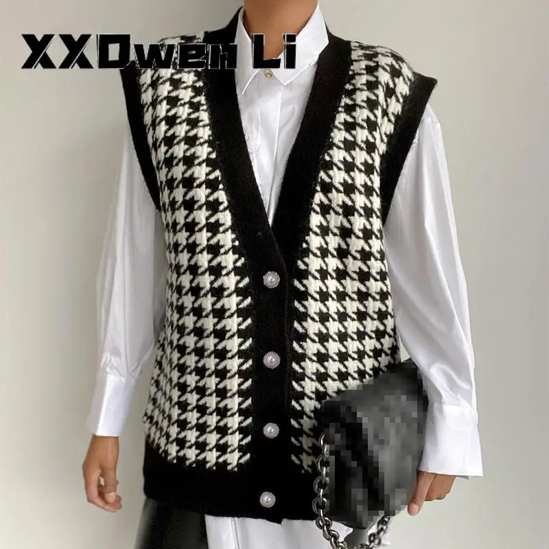 Wool Vest Cardigans Woman Autumn Winter Houndstooth Casual Black Sleeveless Sweater Women Loose Knitted Fashion Jumper Vest