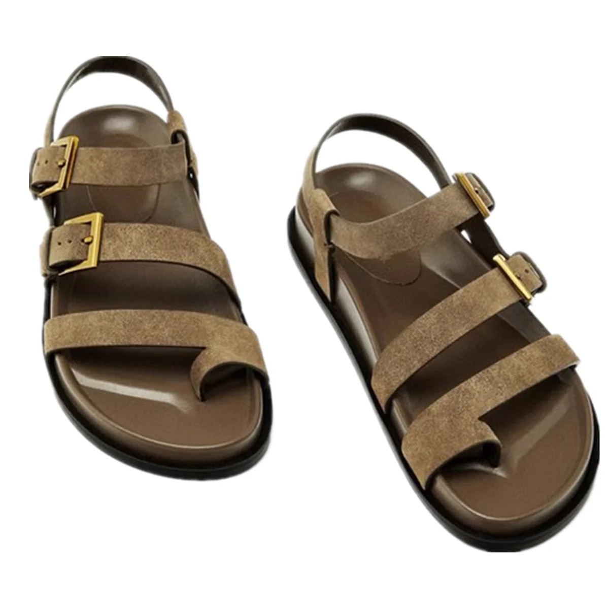

Withered Minimalist Cowhide Leather Flat Roman Sandals French Retro Belt Buckle Unisex Design One-strap Thong Sandals Women