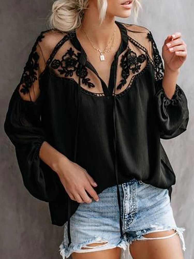 Camisa de malla de encaje para mujer, Tops informales de manga larga con retales bordados, blusa de gasa Sexy para verano, Tops sueltos, camisas, Blusas femeninas