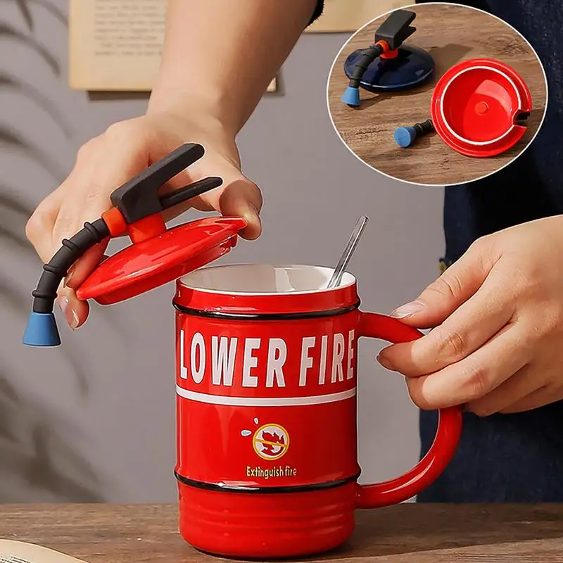 480ml Creative Ceramic Mug Fire Extinguisher Shape Personality Water Bottle Home Coffee Mug with Lid Spoon Fireman Gift