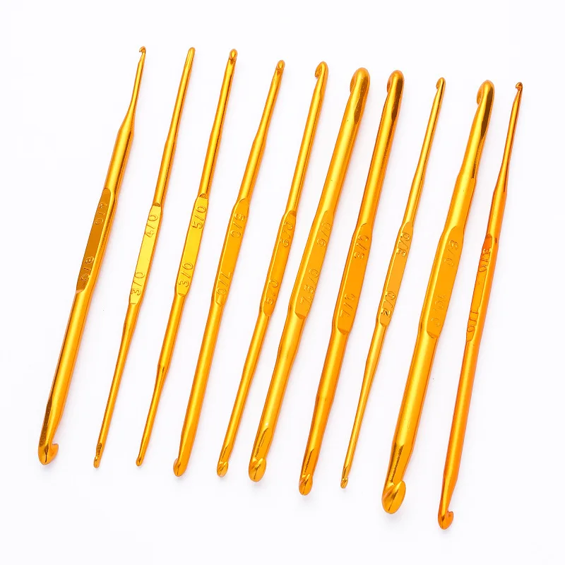 10pcs Beautiful Gold Color Metal Crochet Hooks 130mm Aluminum Alloy Double-end Crochet Hooks 2.0-10.0mm