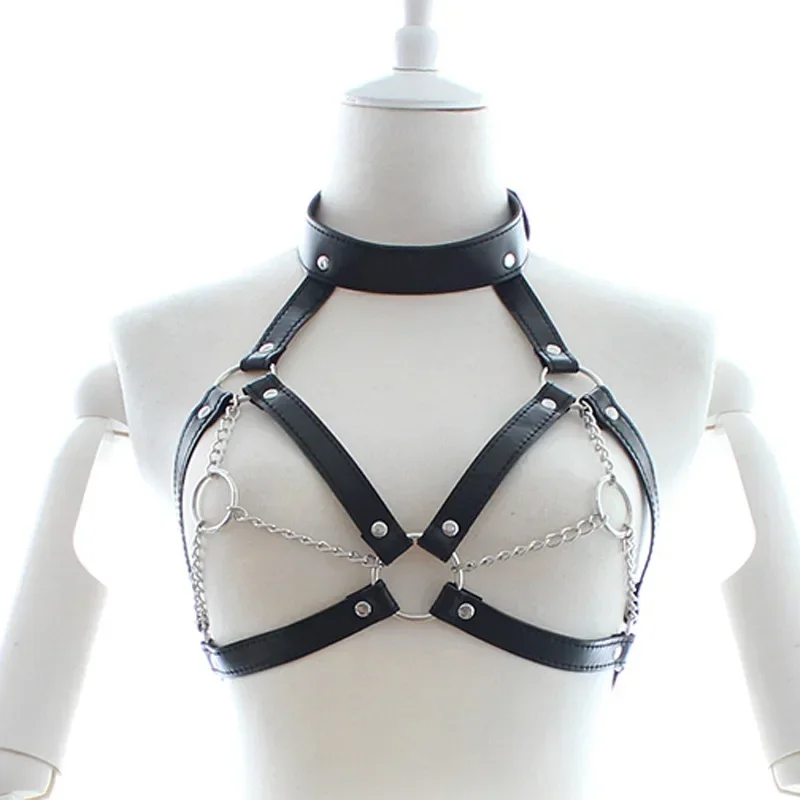 Donne Bondage Imbracatura per il corpo Lingerie Goth Crop Top Reggiseno in pelle Gabbia BDSM Collare Imbracatura per il corpo Cintura Catena Seni schiavi Giocattoli del sesso
