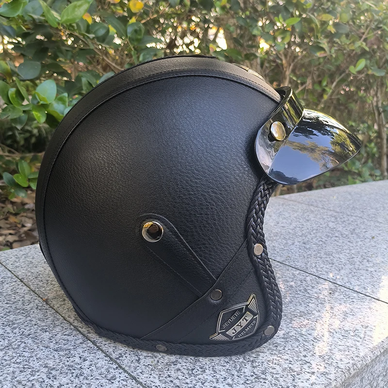 

Retro Motorcycle Helmet Men Black Faux Leather Patchwork Metal Decor Helmet Unisex Small Half Helmet Can Be Worn
