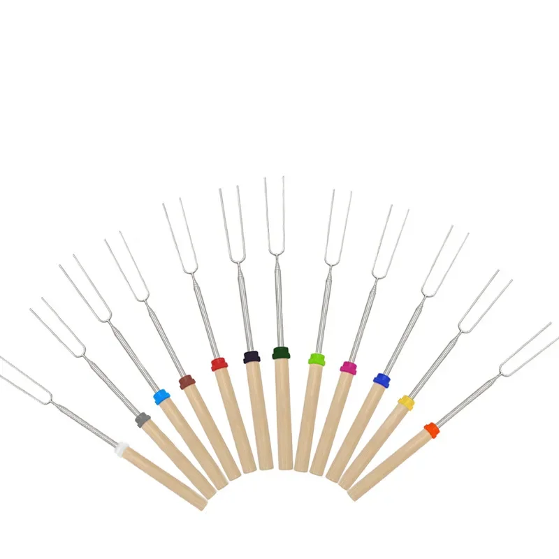Set Telescopic U-shaped Barbecue Fork Outdoor BBQ Stainless Steel Telescopic Wooden Handle Barbecue Skewer