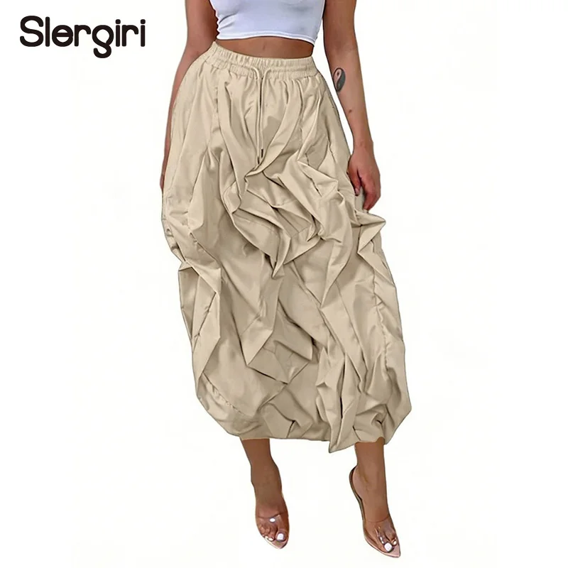 Slergiri Solid Drawstring Elastic Waist Ruffle Trim Cargo Skirt Women Fashion New 2026 Streetwear Back Slit Casual Long Skirts