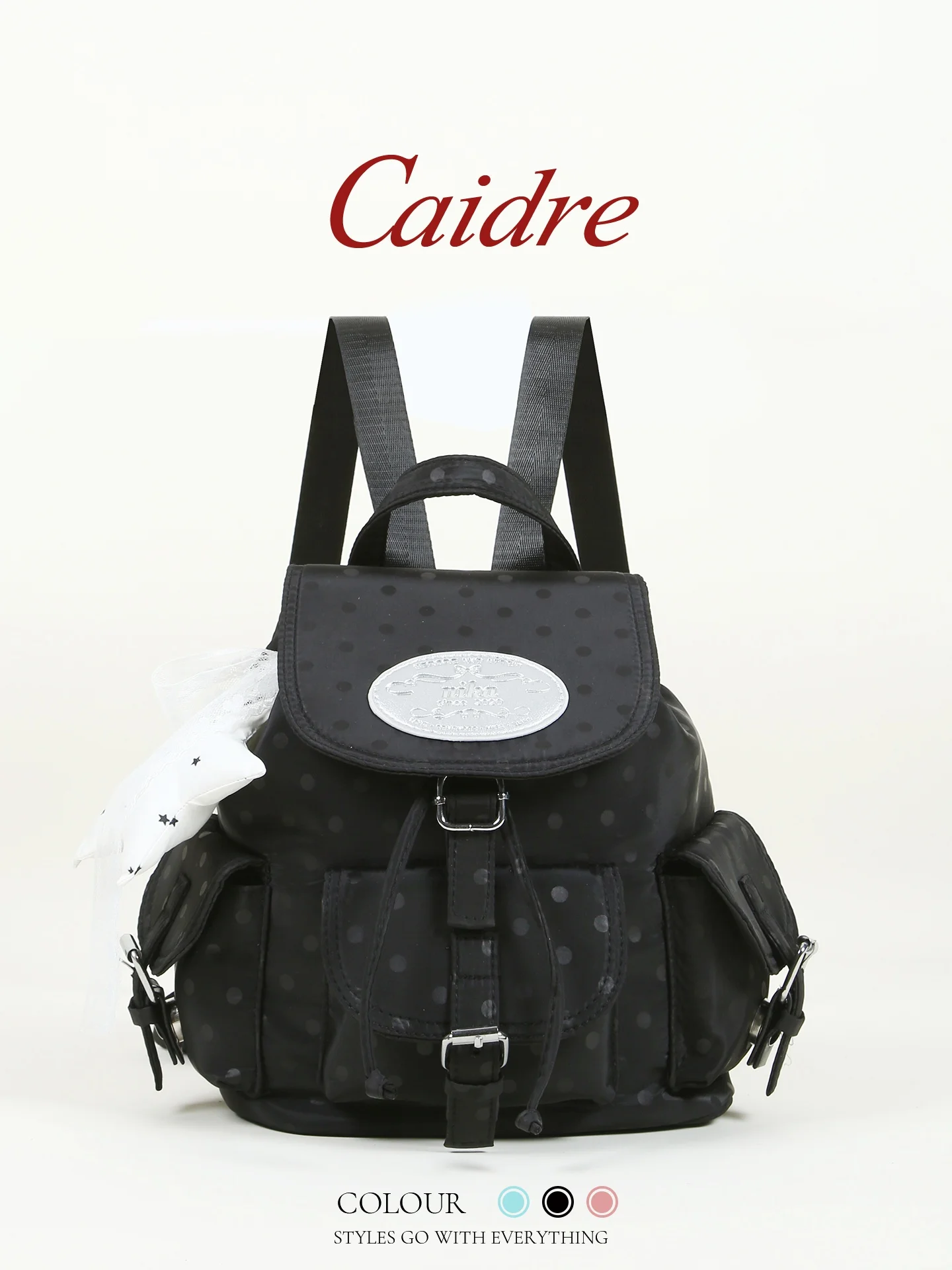 Caidre Korean Polka Dot Drawstring Backpack Women's Birthday Commuter Travel Bag Multiple Pockets Student Bookbag