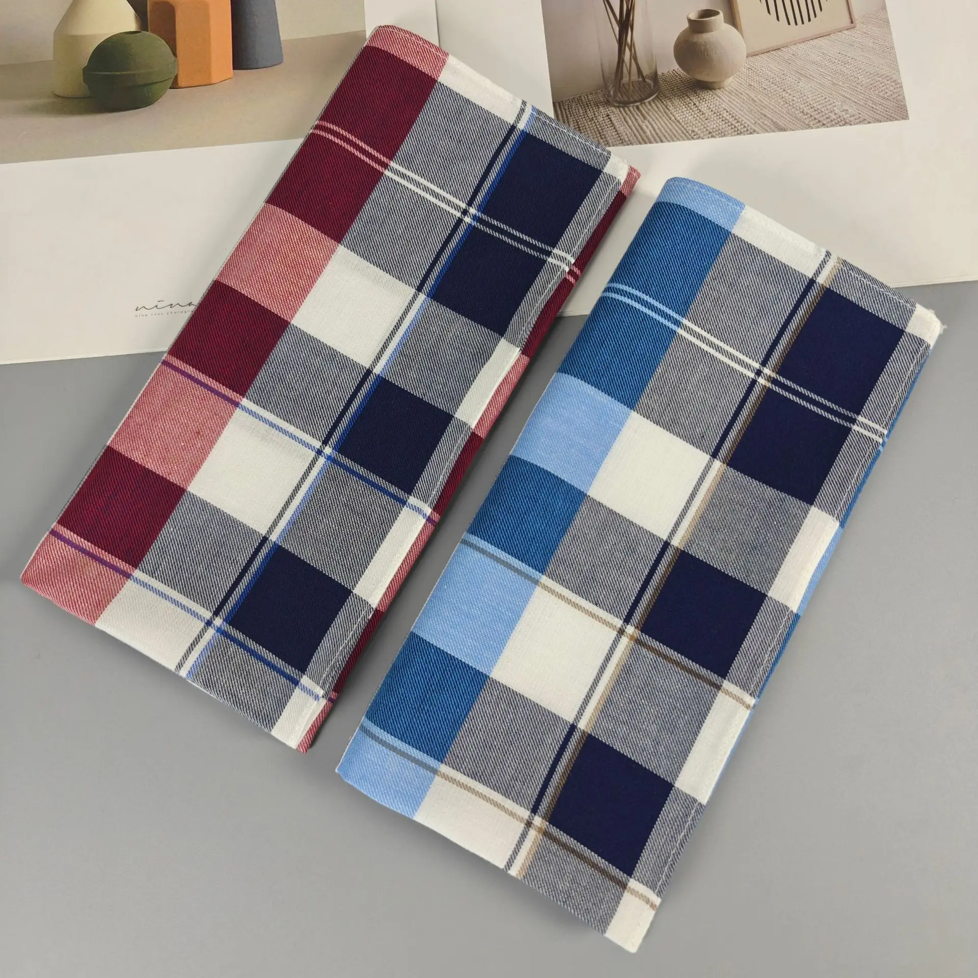 2pcs 100% Cotton Striped Plaid Handkerchiefs - Navy Blue Classic Pocket Squares for Men & Women, Soft Breathable 45CM Wipes