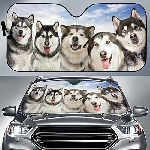 Funny Alaskan Malamute Team Blue Sky Pattern Dog Lover Car Sunshade, Gift for Alaskan Malamute Dog Mom, Car Windshield Durable A