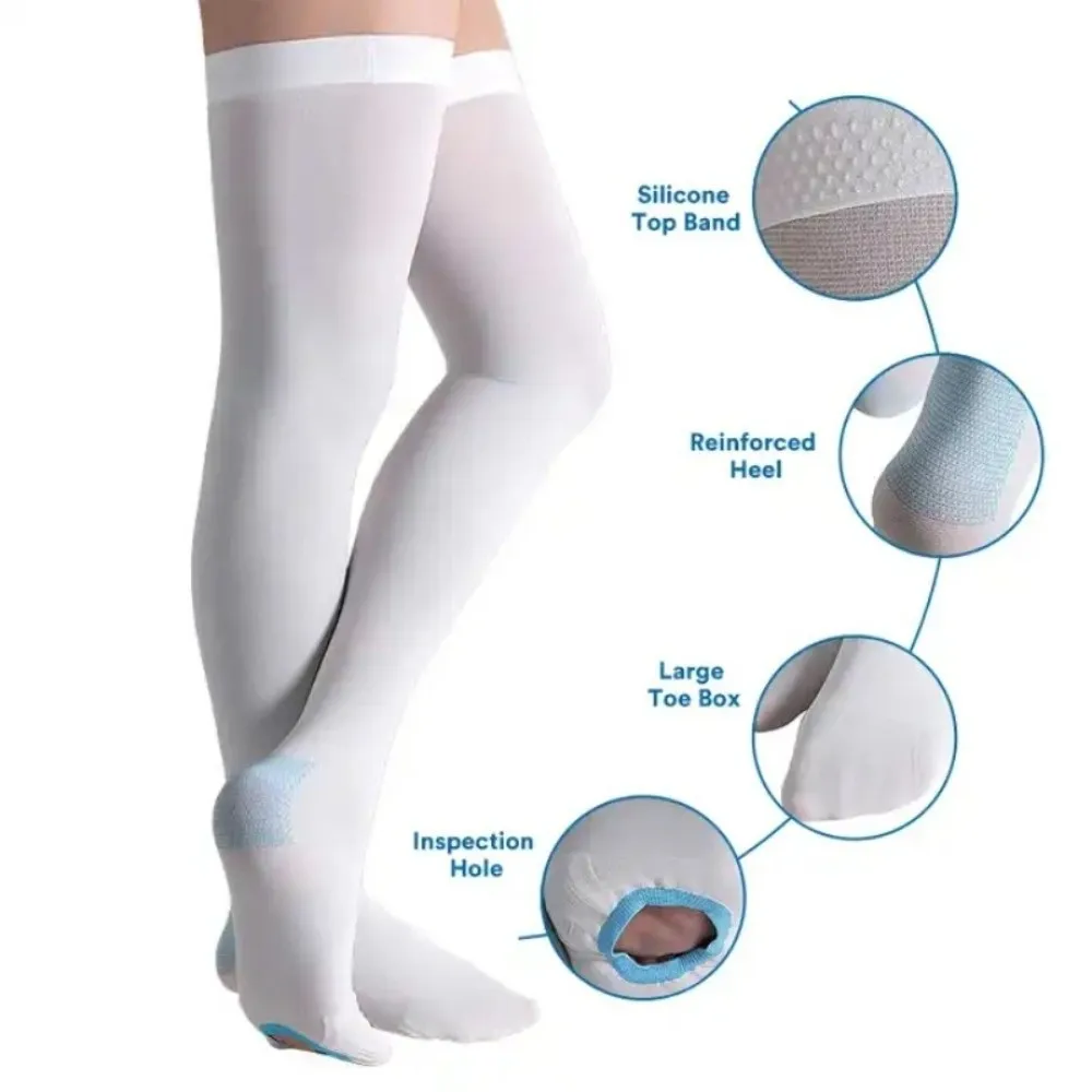 1 Pair Thigh High Anti Embolism Compression Stockings Breathable White TED Hose Socks with Inspect Toe Hole Comfortable