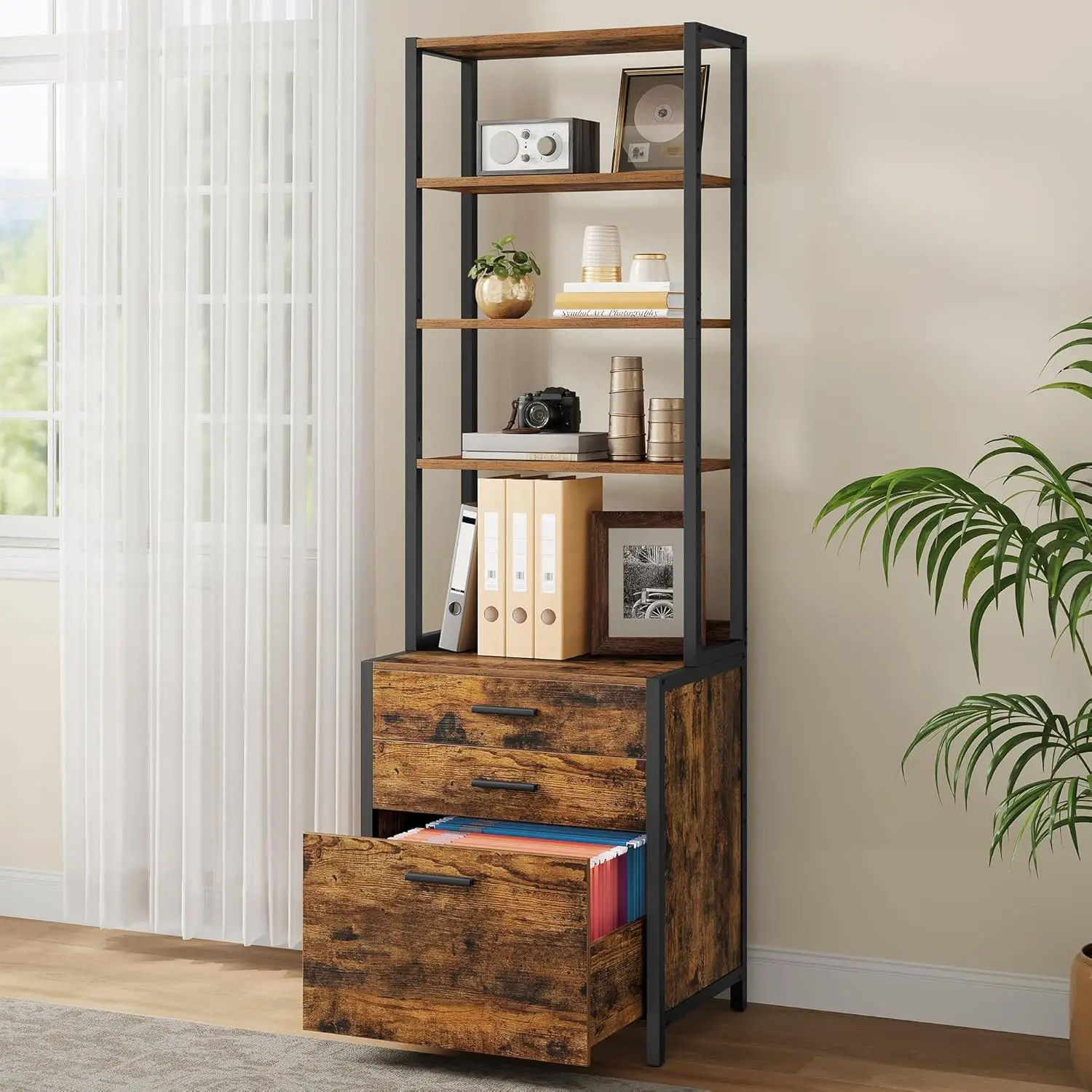 File Cabinet, Home Office Filing Cabinet with Height-Adjustable Open Shelves, 3 Drawers, Hanging File Folders, Rustic Brown