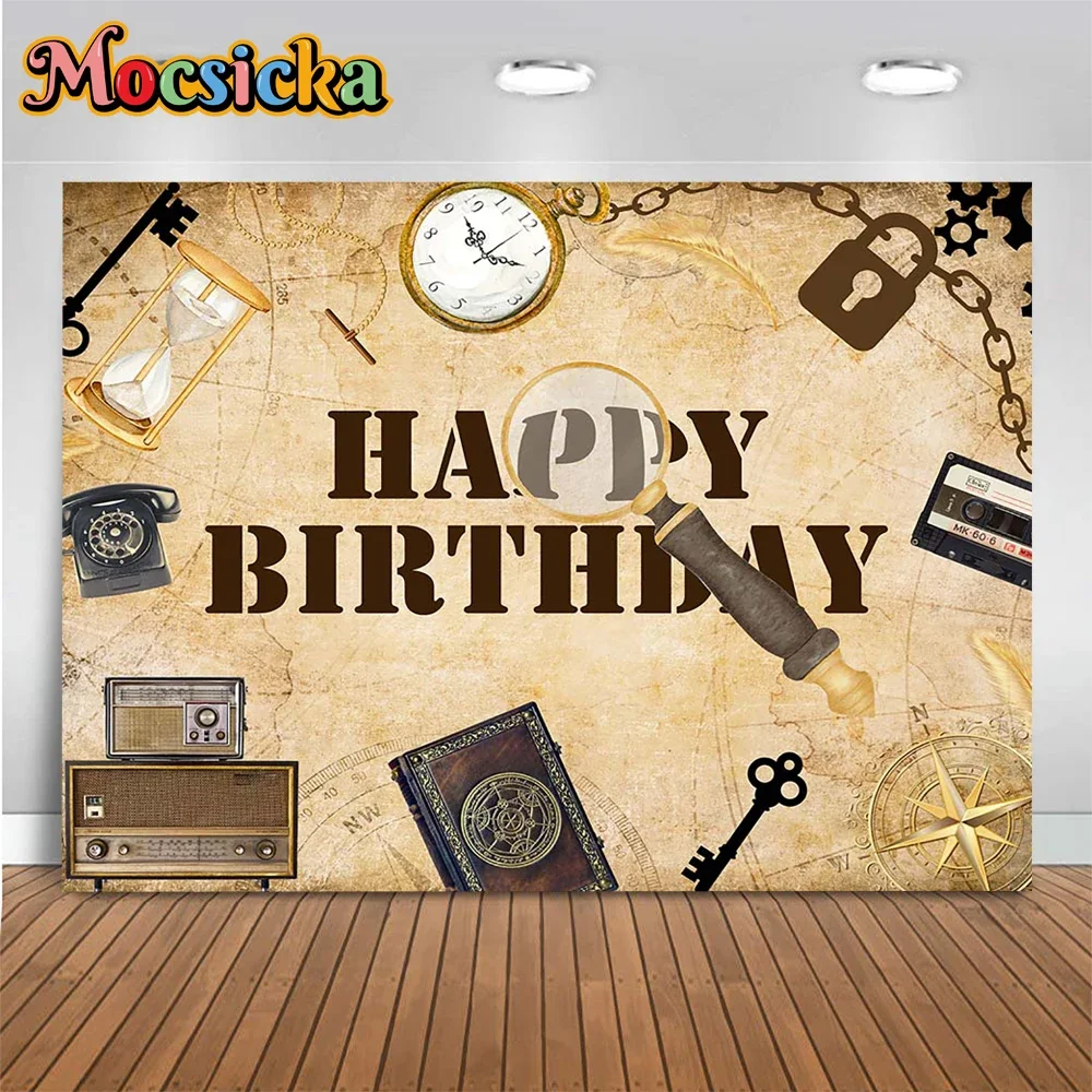 

Detective Theme Retro Birthday Party Backfround Poster Compass Key Magnifier Clock Map Decor Backdrop Prop Boy Newborn Photocall