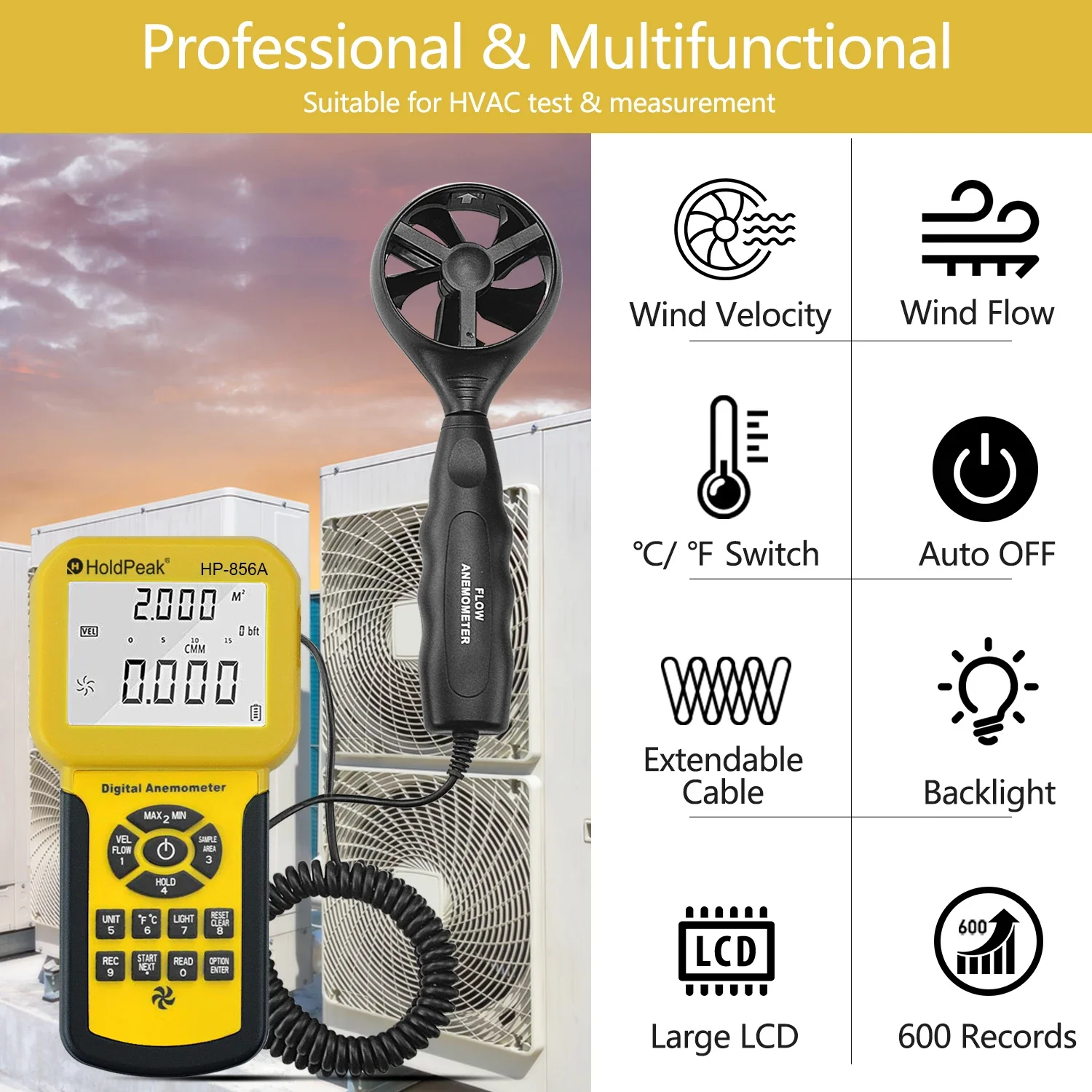 Digital Anemometer 0-45m/s Air Flow Meter CFM CMM 600 Data Logging Wind Speed Tester with PC Software for HVAC Duct Ventilation