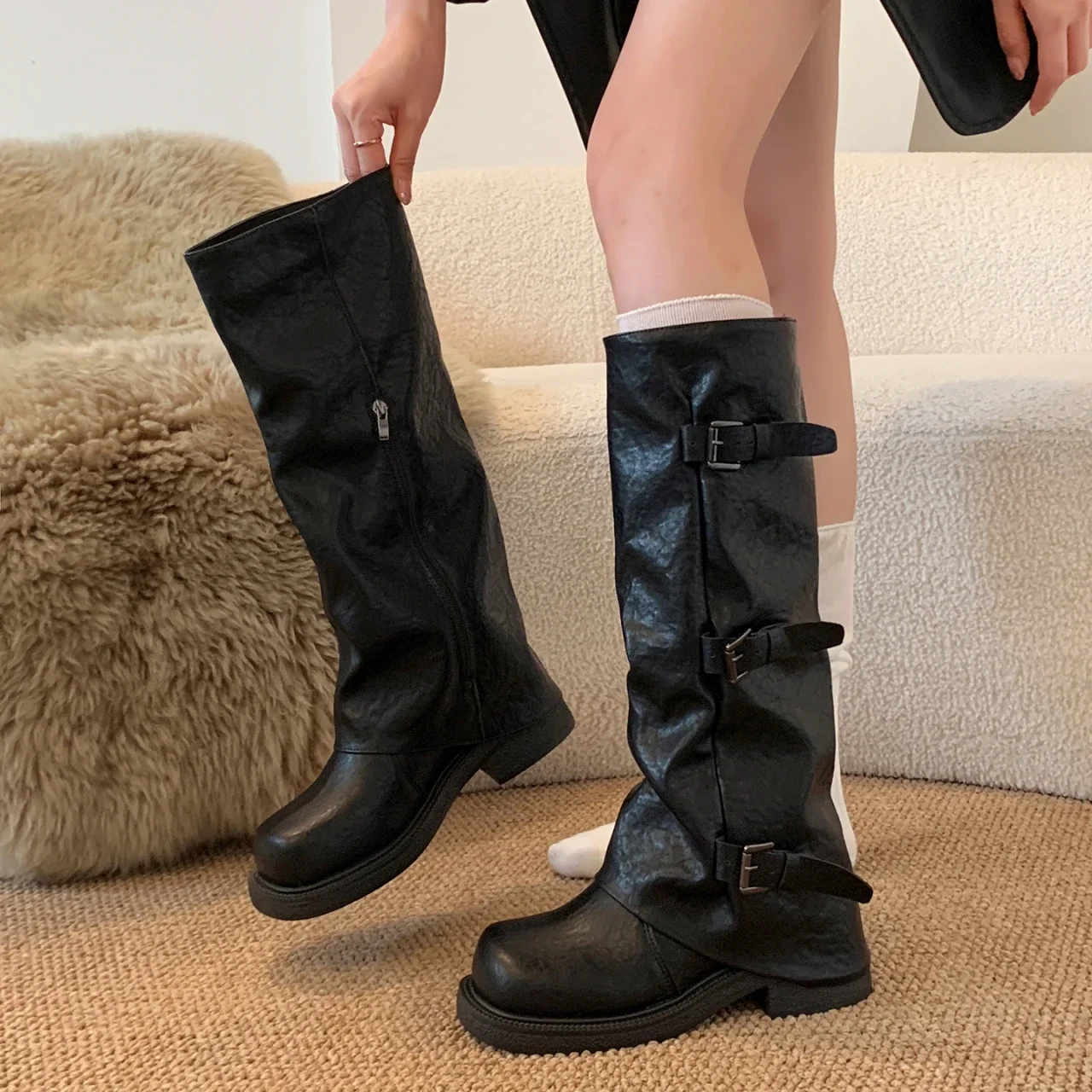 Woman Knight Knee High Boots Autumn Winter Vintage Ladies Shoes Elegant Thick Low Heel Belt Buckle Western Cowboy Botas