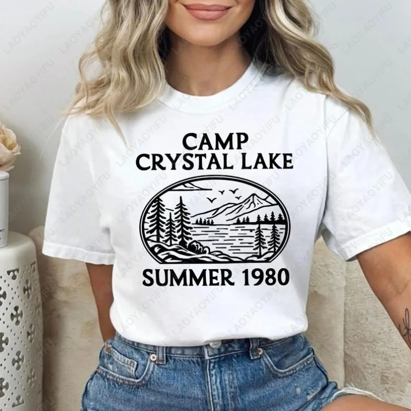 كامب كريستال ليك صيف 1980 ريترو فيلم الرعب التي شيرت الجمعة 13th قميص خمر هالوين القطن قميص للرجال النساء تيز