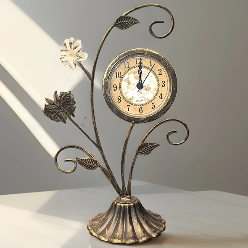 Creative Flower Table Clock Retro Living Room Silent Desk Clock Tabletop Decorative Ornament Nightstand Decoration Accessories