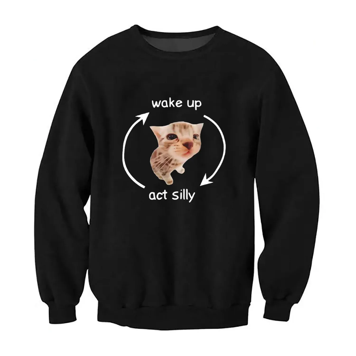 Wake Up Act Silly Meme Graphic Sweatshirt Cute Cat PrintWomen Men Pullover Crewneck Soft Breathable Hoodie Unisex Streetwear