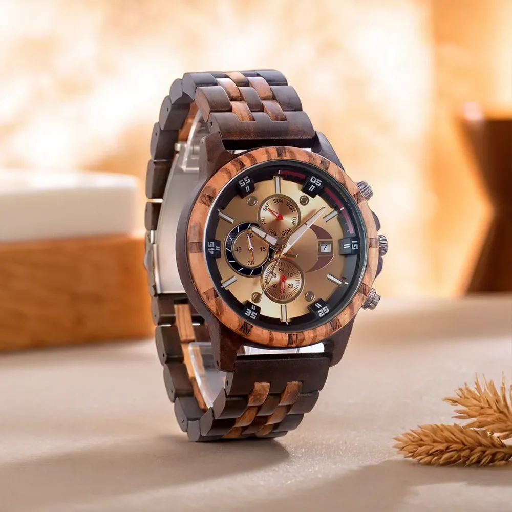 

Wood Wrist Watch for Men Fashion Quartz Wriwatches Date Week Calendar Timepieces Chronograph Wooden Watches Gift reloj madera