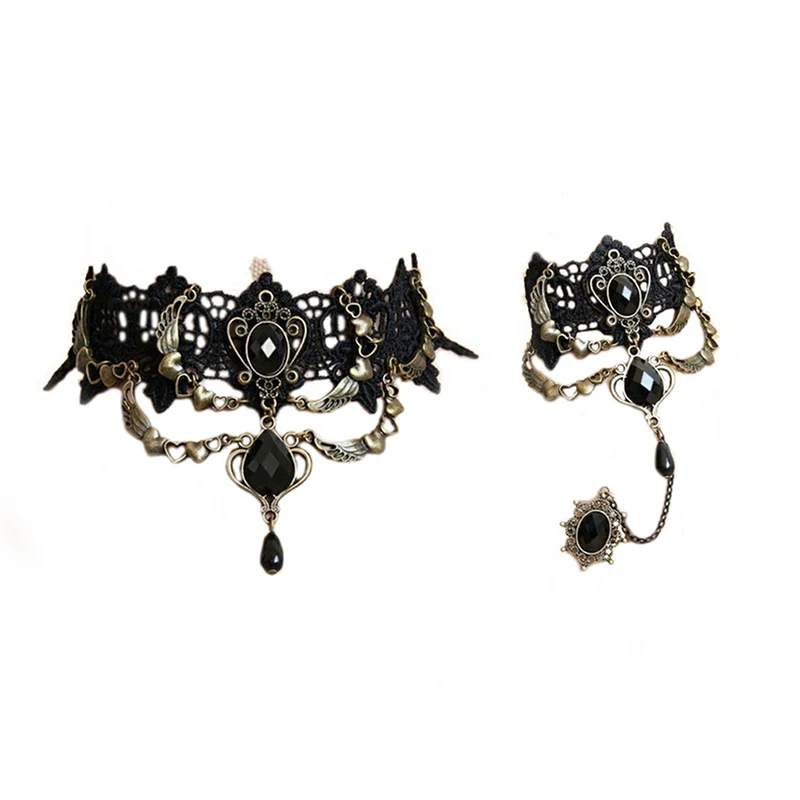 【A】Collares Sexy Gothic Chokers Crystal Black Lace Sexy Neck Choker Necklace Vintage Victorian Women Chocker Steampunk