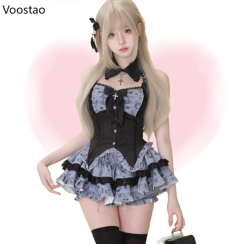 Conjunto de falda estilo Lolita japonés Y2k para mujer, blusas de encaje con estampado dulce, Tops, Mini faldas de pastel, traje gótico Harajuku, conjuntos de 2 piezas