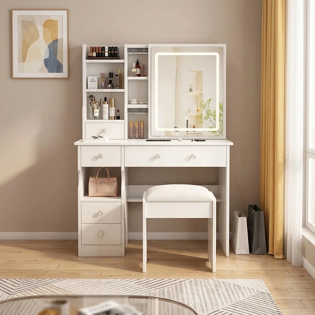 ^Large Removable Panel Dressing Table with Mirror Minimalist Design Bedroom Makeup Table MDF Material