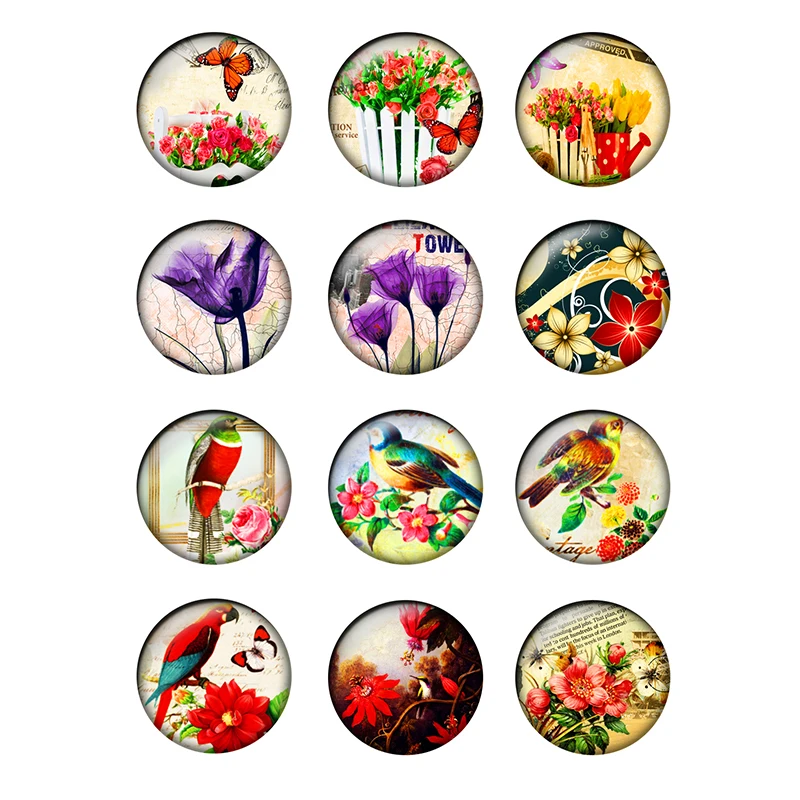 24pcs/lot 10/12/14/16/18/20/25mm Vintage Roses Glass Cabochons Dome Flat Back for Earring Bracelet Ring Base DIY Jewelry H150