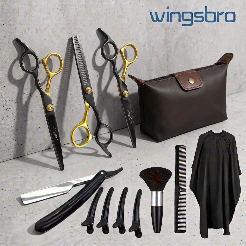 Wingsbro 12Pcs Professional Hairdressing Scissors Set, 6.5 inch Home Hair Cutting Shears Barber/Salon Hair Scissors Kit,