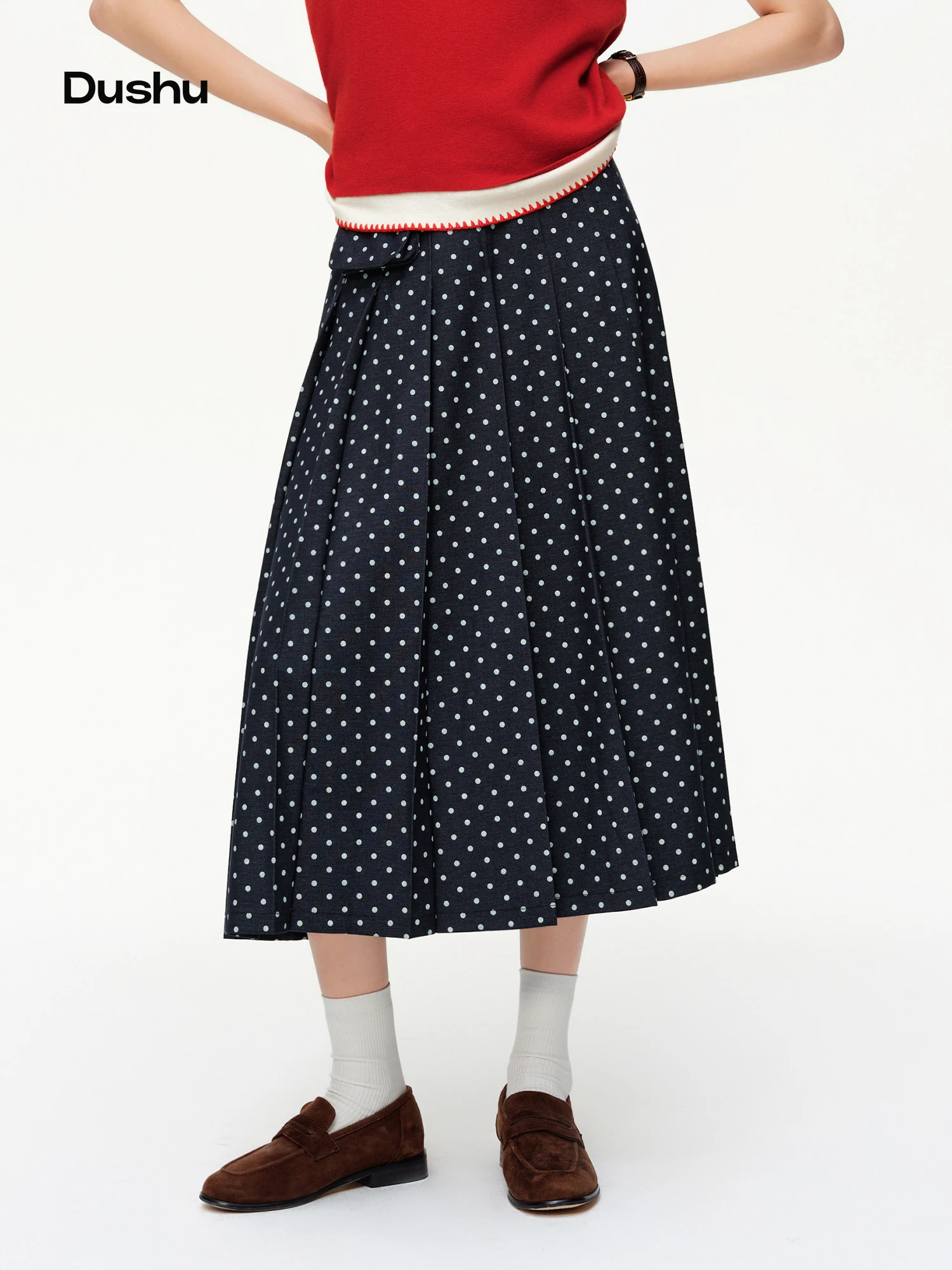 

DUSHU 2026 Spring New Women's Polka Dot Midi Skirt Retro Black White Flared Pleated Skirt Vintage Waist Tie A-Line Party Skirt