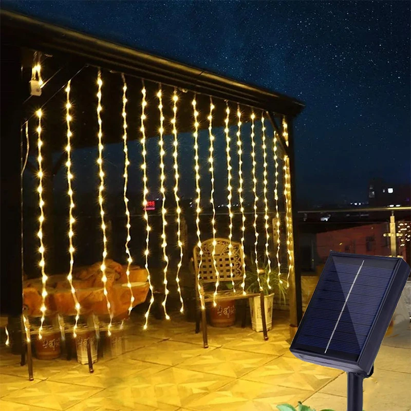 

Solar Curtain Lights Fairy Lights 600LED 8 Modes For Outdoor Holiday Wedding Home Garden Garland Festival Christmas Decorations