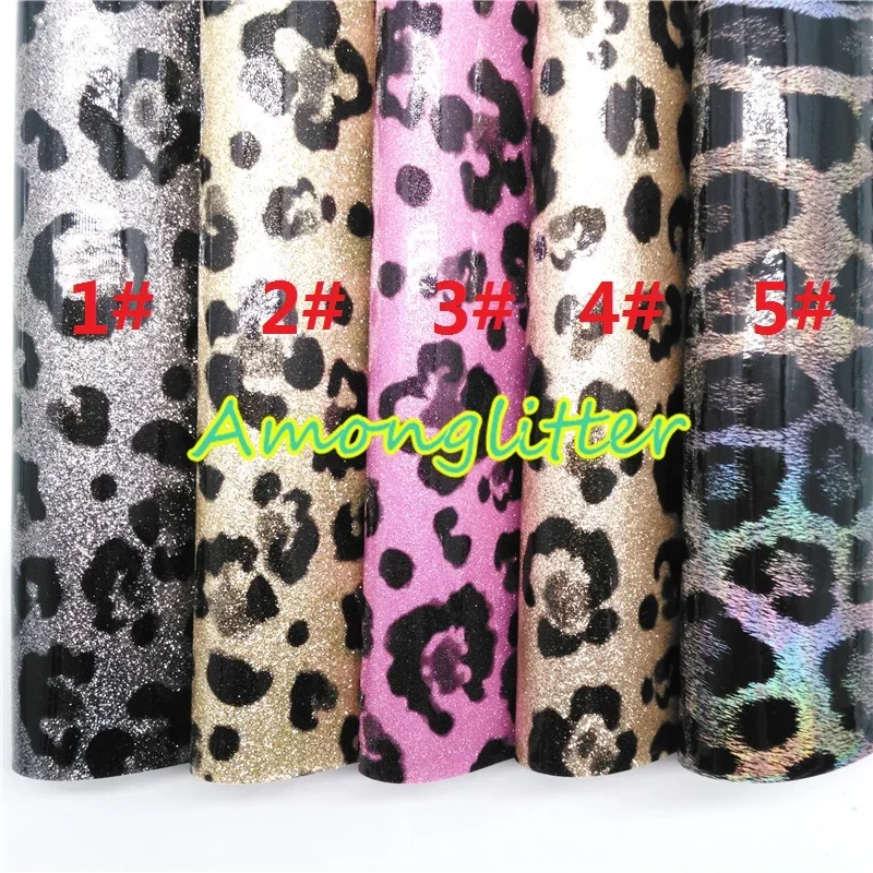 Amonglitter Wholesales Dropshipping Leather Supplier Leopard Printed Glitter Leather Faux Fabric Vinyl Bows DIY 21X29CM MB065