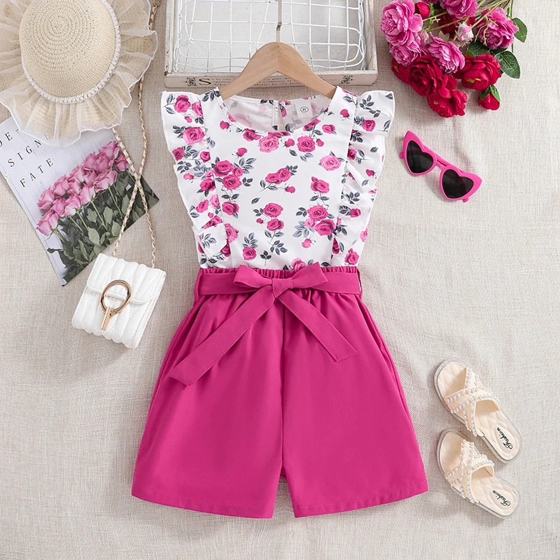 Fashion For 8-12Ys Kids Outfit 2PCS White Cute Floral Printed Sleeveless Top & Rose Shorts Casual Vacation Pastoral Style Suits